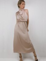 Satin Kleid Lang Neckholder Hochgeschlossen mit Schal Ärmellos Ansicht