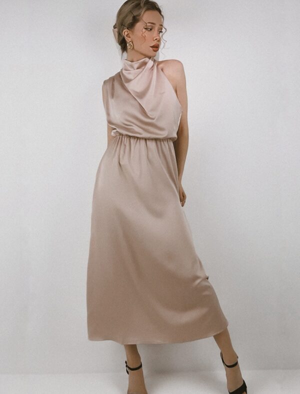 Satin Kleid Lang Neckholder Hochgeschlossen mit Schal Ärmellos Ansicht