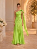 Satin-Kleid Lang One-Shoulder mit Knoten A-Linie in Hellgrün, Vorderansicht