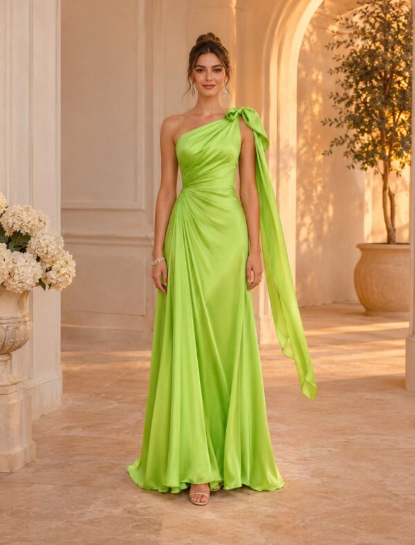 Satin-Kleid Lang One-Shoulder mit Knoten A-Linie in Hellgrün, Vorderansicht