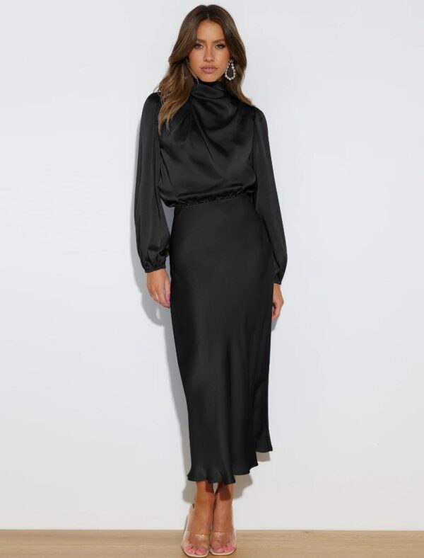 Satin Kleid Midi Langarm Stehkragen Ballonärmel Tailliert in Schwarz