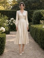 Satin-Kleid Midi Langarm V-Ausschnitt Gepunktet in Creme, Vorderansicht