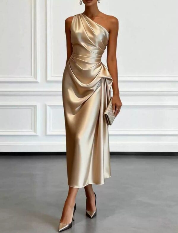 Satinkleid Midi Asymmetrischer Ausschnitt Drapiert One-Shoulder in Champagner